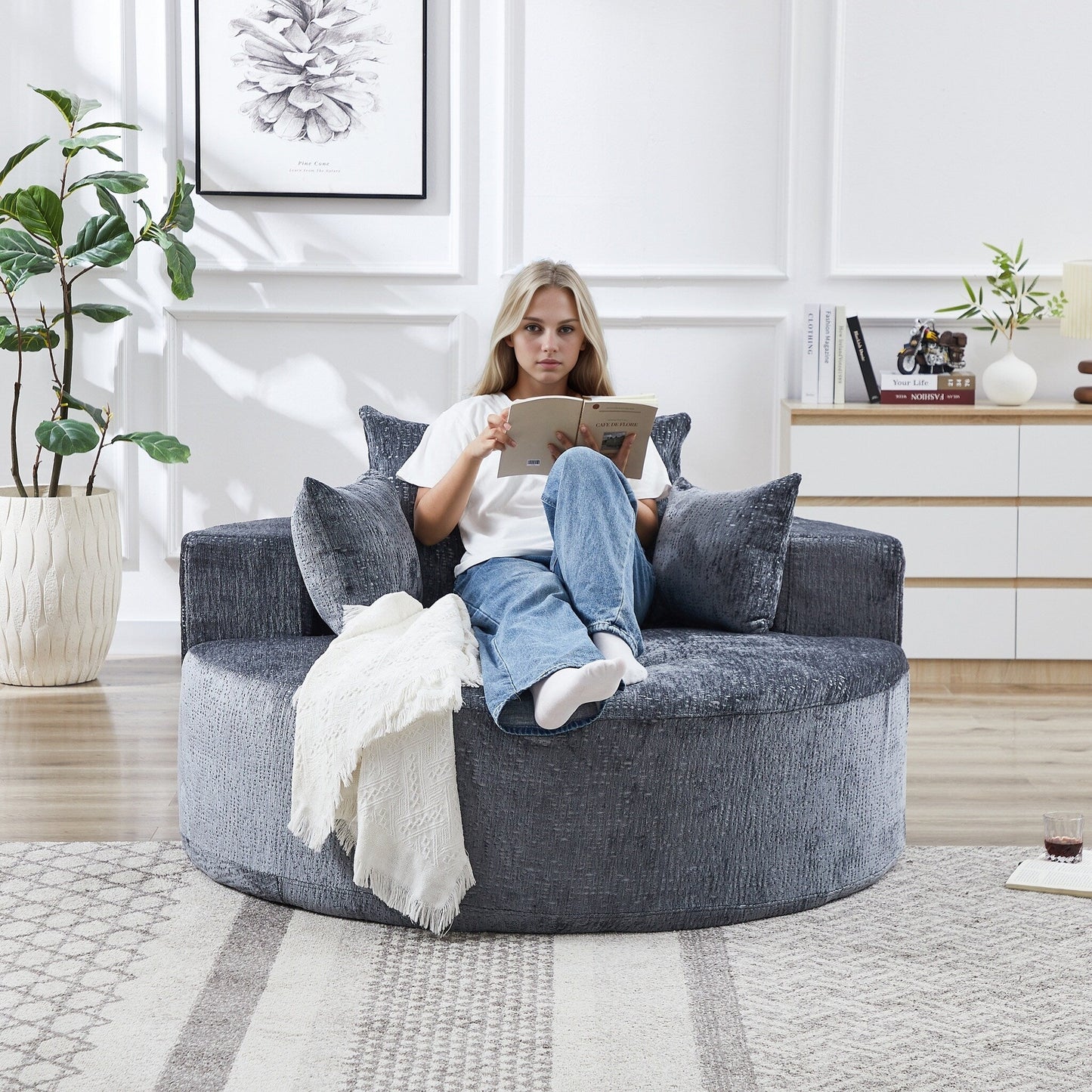 Grey Round Chenille Single Sleeper Sofa with Backrest Pillow