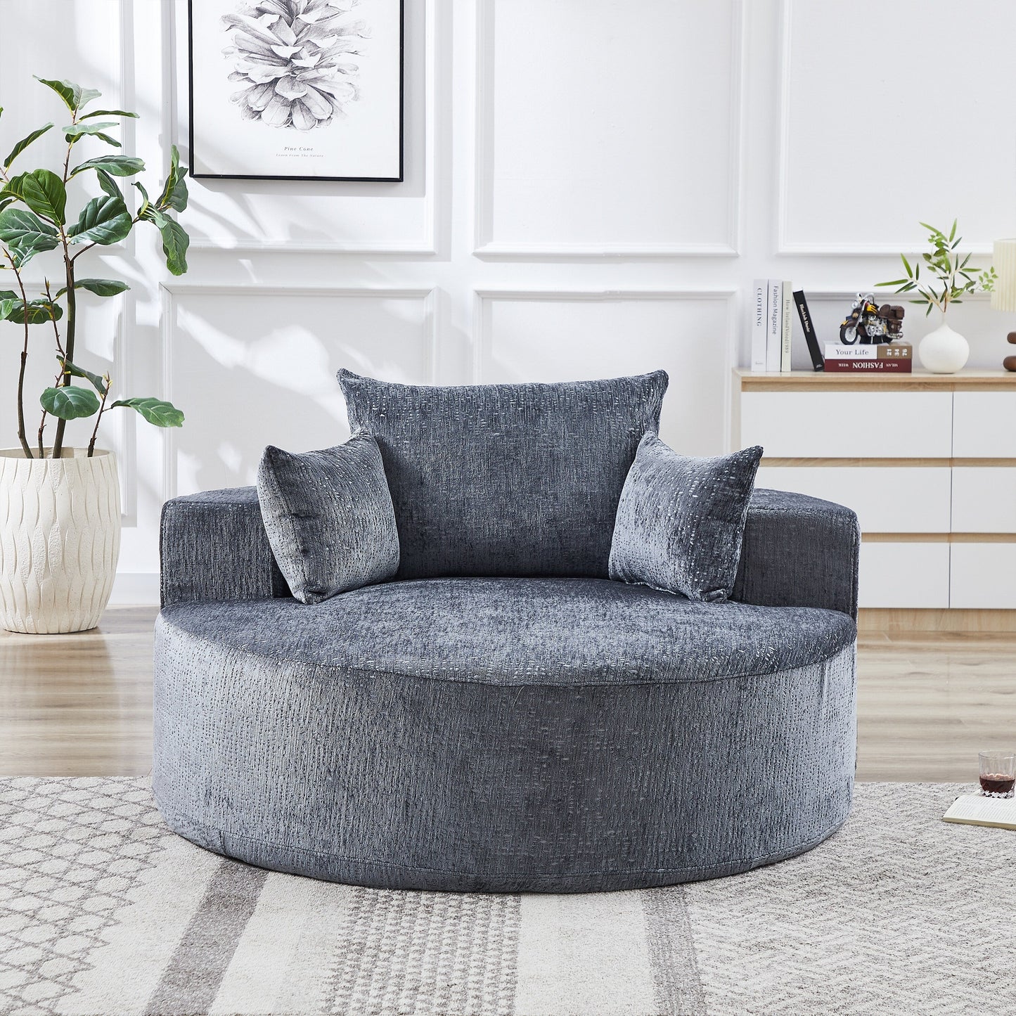 Grey Round Chenille Single Sleeper Sofa with Backrest Pillow