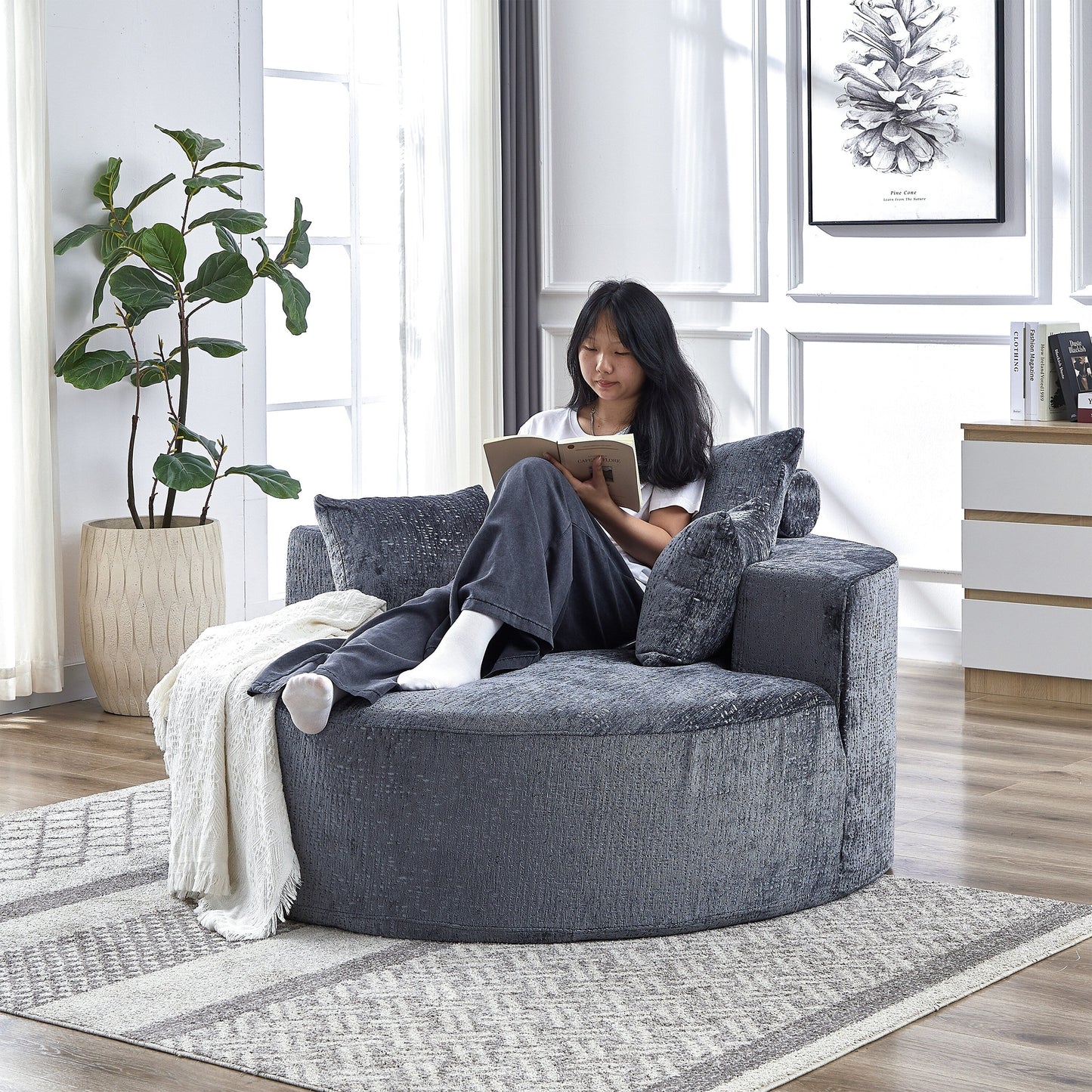 Grey Round Chenille Single Sleeper Sofa with Backrest Pillow