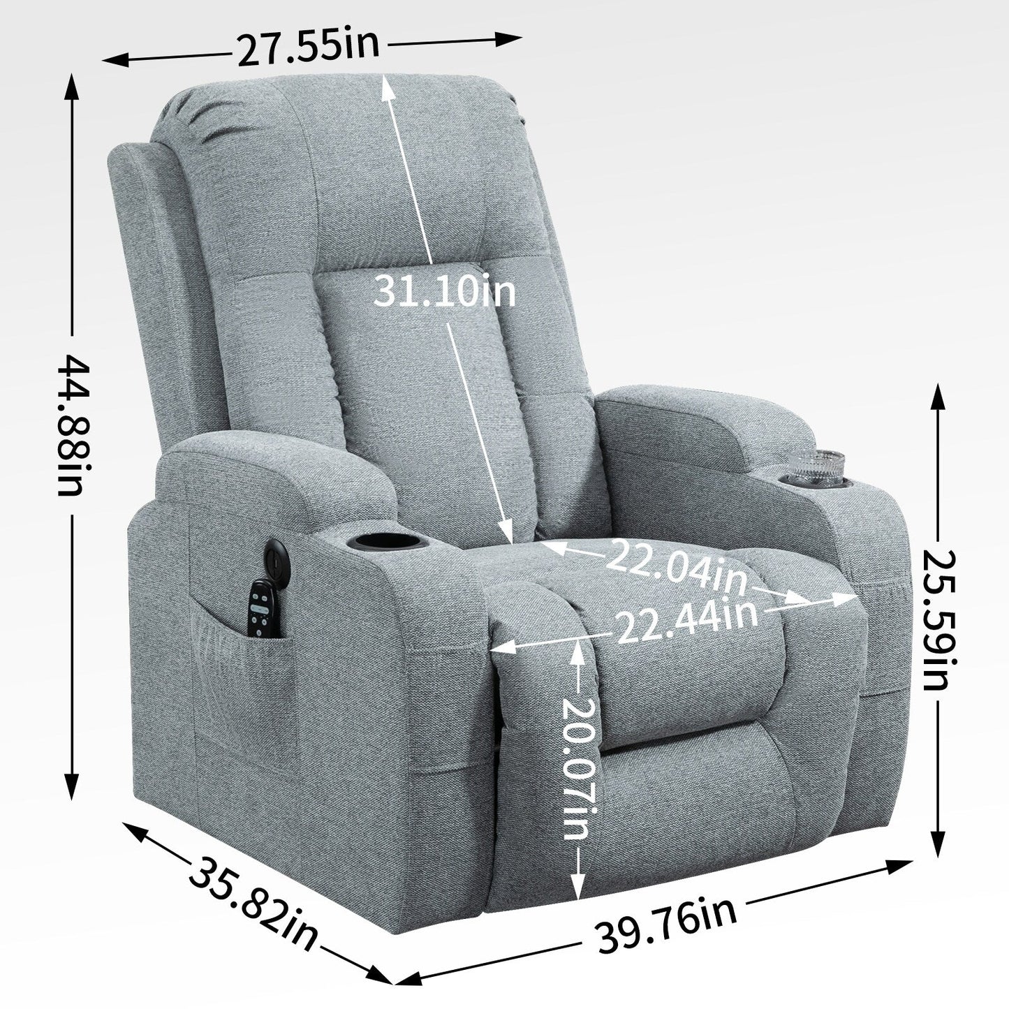 Grey Senior-Friendly Power Lift Recliner with Massage & Heat, USB Charging, Cup Holders, and Adjustable Reclining