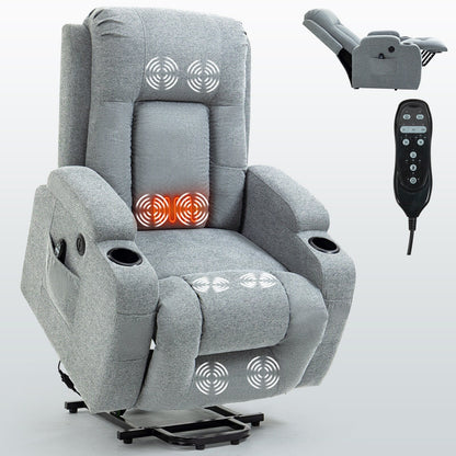 Grey Senior-Friendly Power Lift Recliner with Massage & Heat, USB Charging, Cup Holders, and Adjustable Reclining