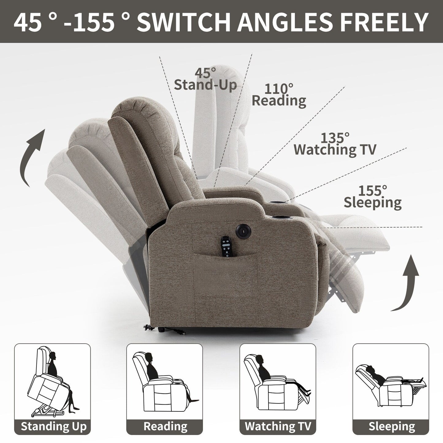 Grey Senior-Friendly Power Lift Recliner with Massage & Heat, USB Charging, Cup Holders, and Adjustable Reclining