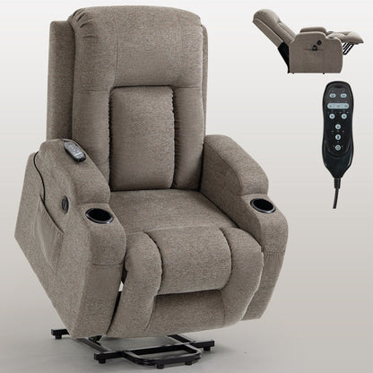 Grey Senior-Friendly Power Lift Recliner with Massage & Heat, USB Charging, Cup Holders, and Adjustable Reclining