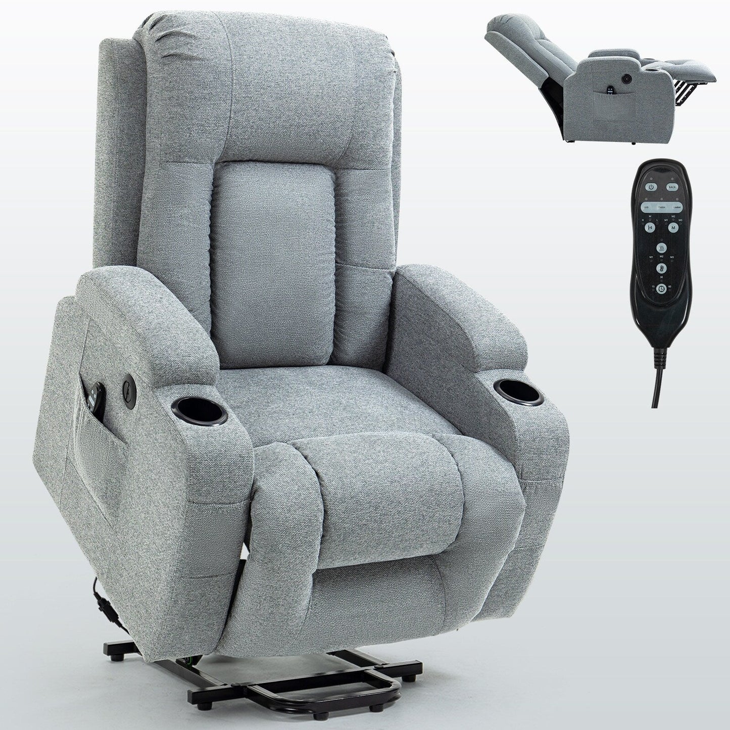 Grey Senior-Friendly Power Lift Recliner with Massage & Heat, USB Charging, Cup Holders, and Adjustable Reclining