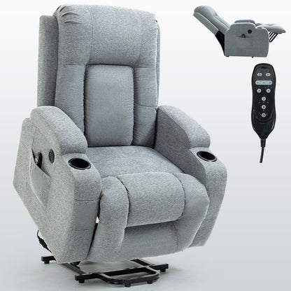 Grey Senior-Friendly Power Lift Recliner with Massage & Heat, USB Charging, Cup Holders, and Adjustable Reclining