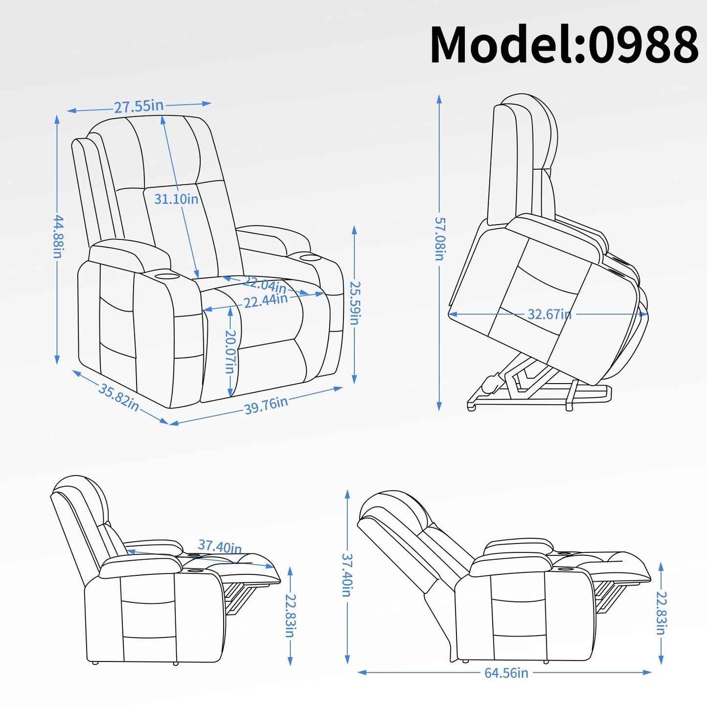 Grey Senior-Friendly Power Lift Recliner with Massage & Heat, USB Charging, Cup Holders, and Adjustable Reclining