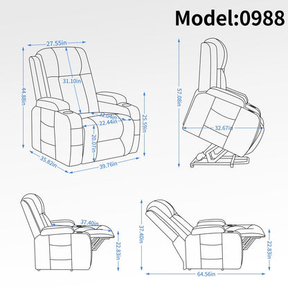 Grey Senior-Friendly Power Lift Recliner with Massage & Heat, USB Charging, Cup Holders, and Adjustable Reclining