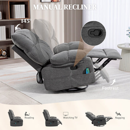 Grey Swivel Manual Recliner Chair featuring Vibration Massage, Heating, Footrest, Remote Control, and Four Side Pockets