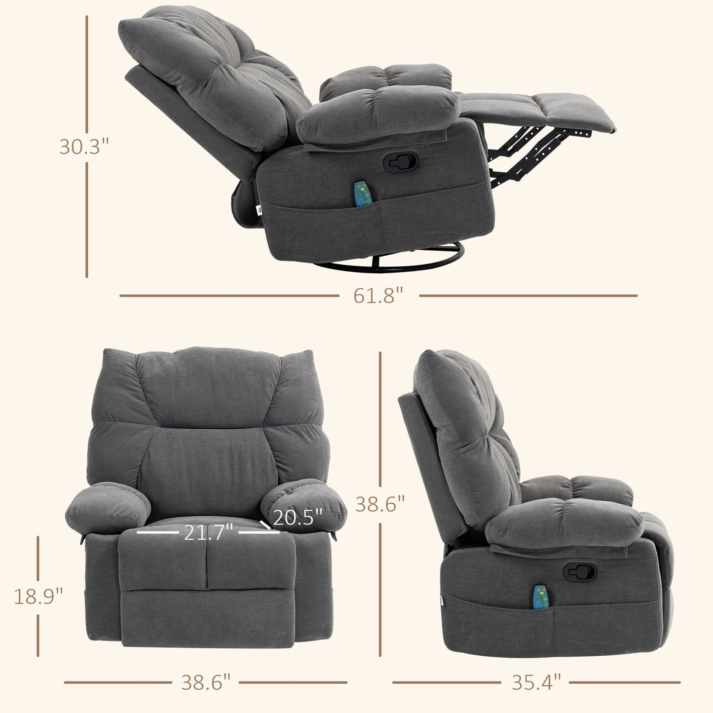 Grey Swivel Manual Recliner Chair featuring Vibration Massage, Heating, Footrest, Remote Control, and Four Side Pockets