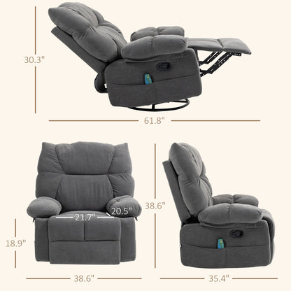 Grey Swivel Manual Recliner featuring Vibration Massage, Heating, Footrest, Remote Control, and Four Convenient Side Pockets