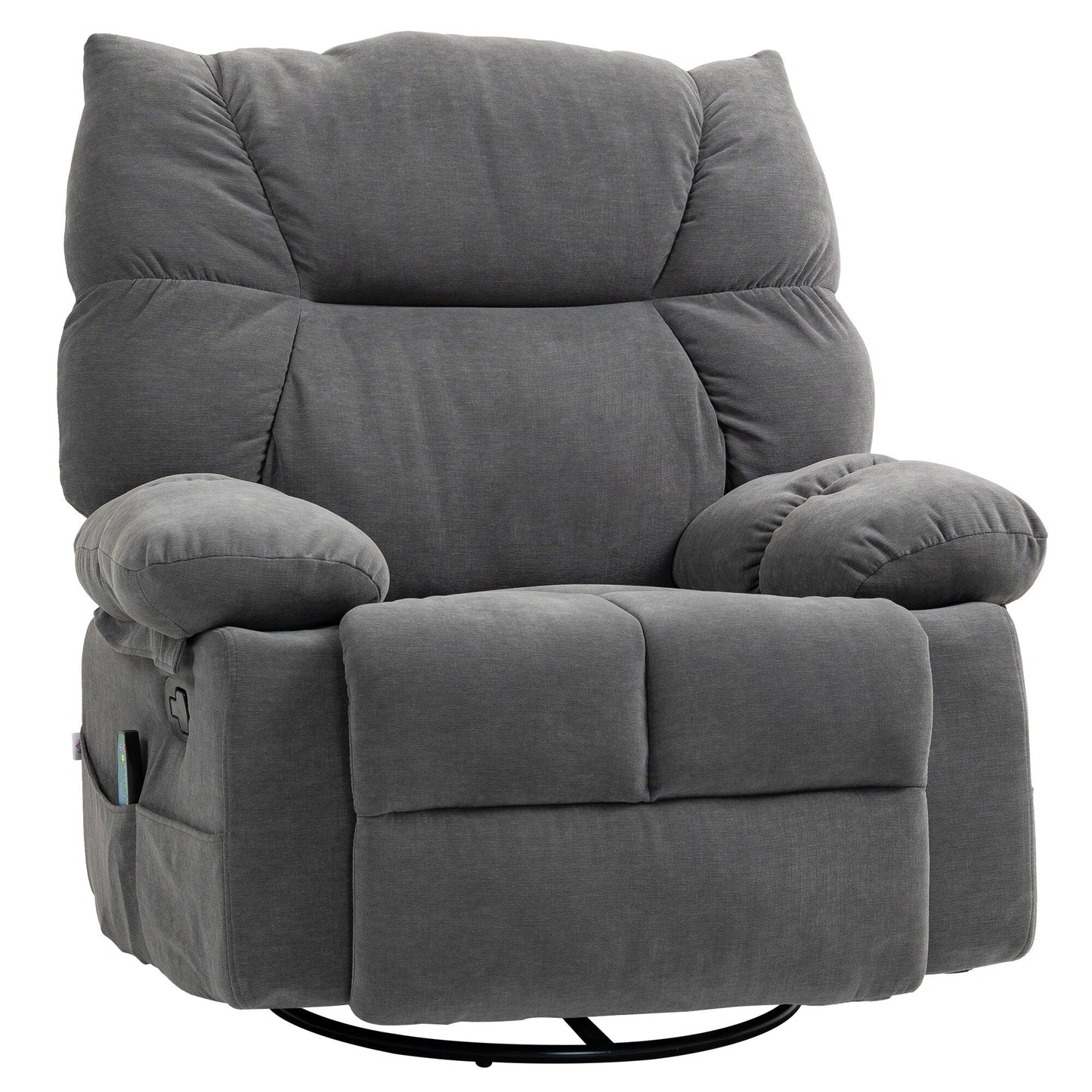 Grey Swivel Manual Recliner featuring Vibration Massage, Heating, Footrest, Remote Control, and Four Convenient Side Pockets