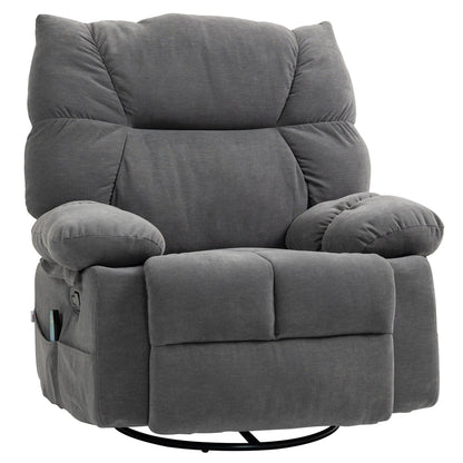 Grey Swivel Manual Recliner featuring Vibration Massage, Heating, Footrest, Remote Control, and Four Convenient Side Pockets