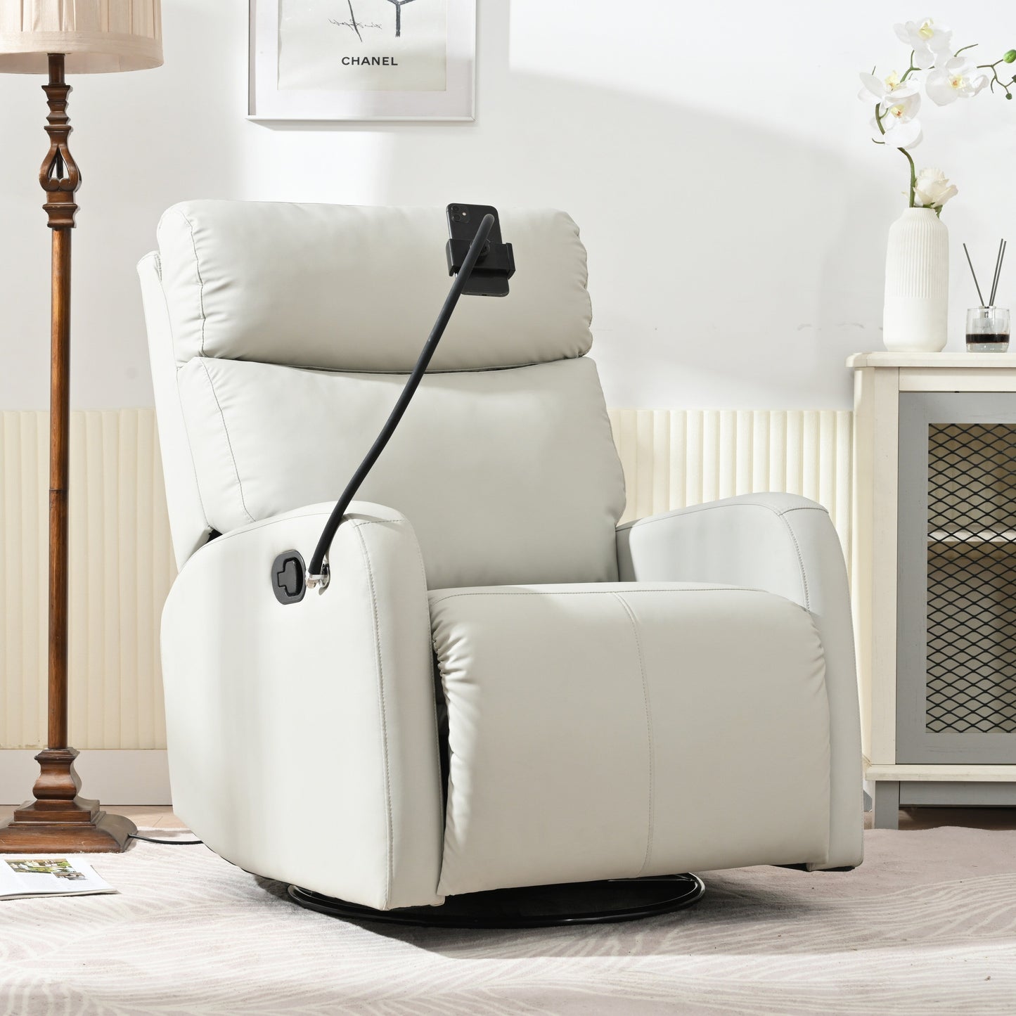 Grey Swivel Rocker Recliner with Adjustable Footrest and Phone Holder