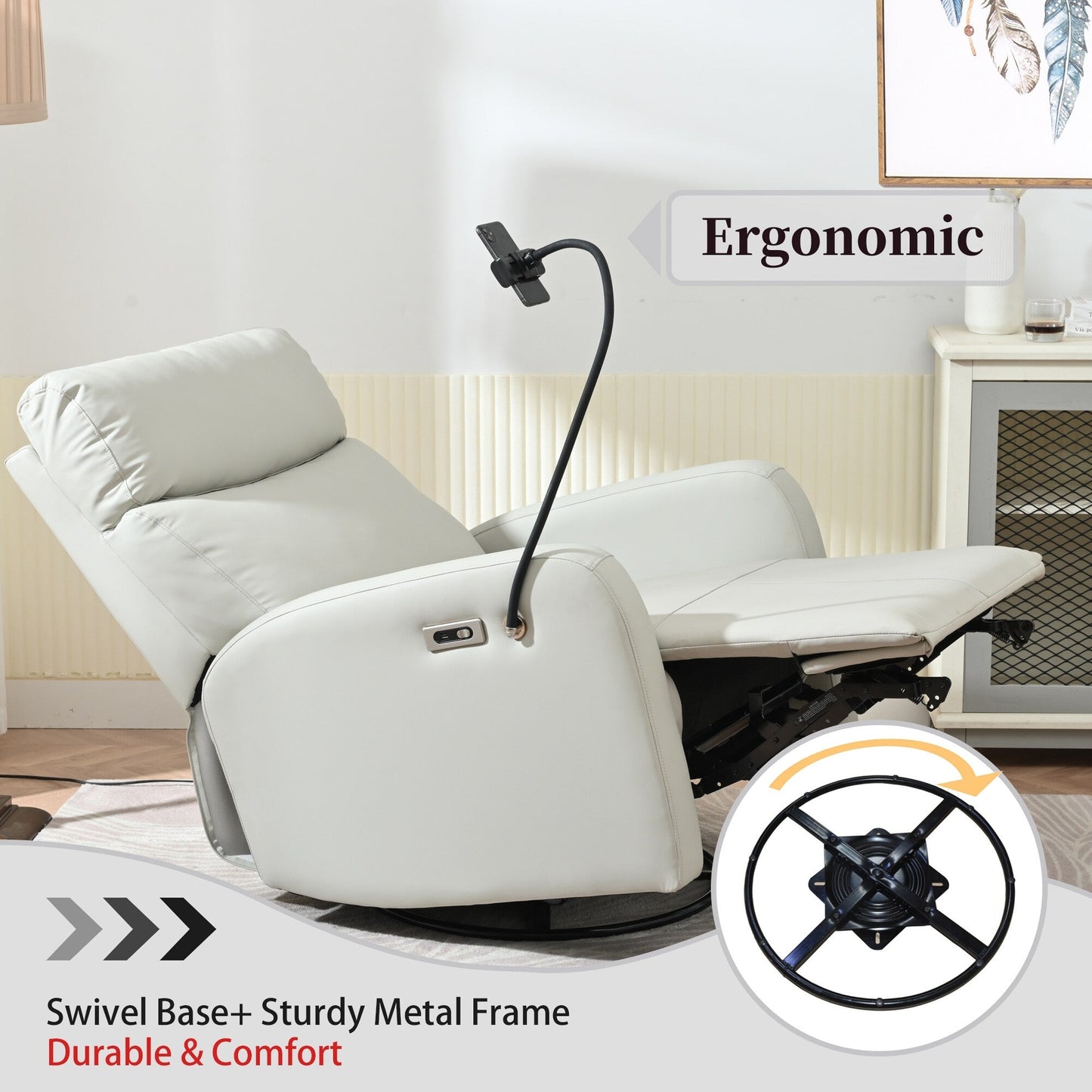 Grey Swivel Rocking Recliner with USB, Power Recline, and Overstuffed Comfort