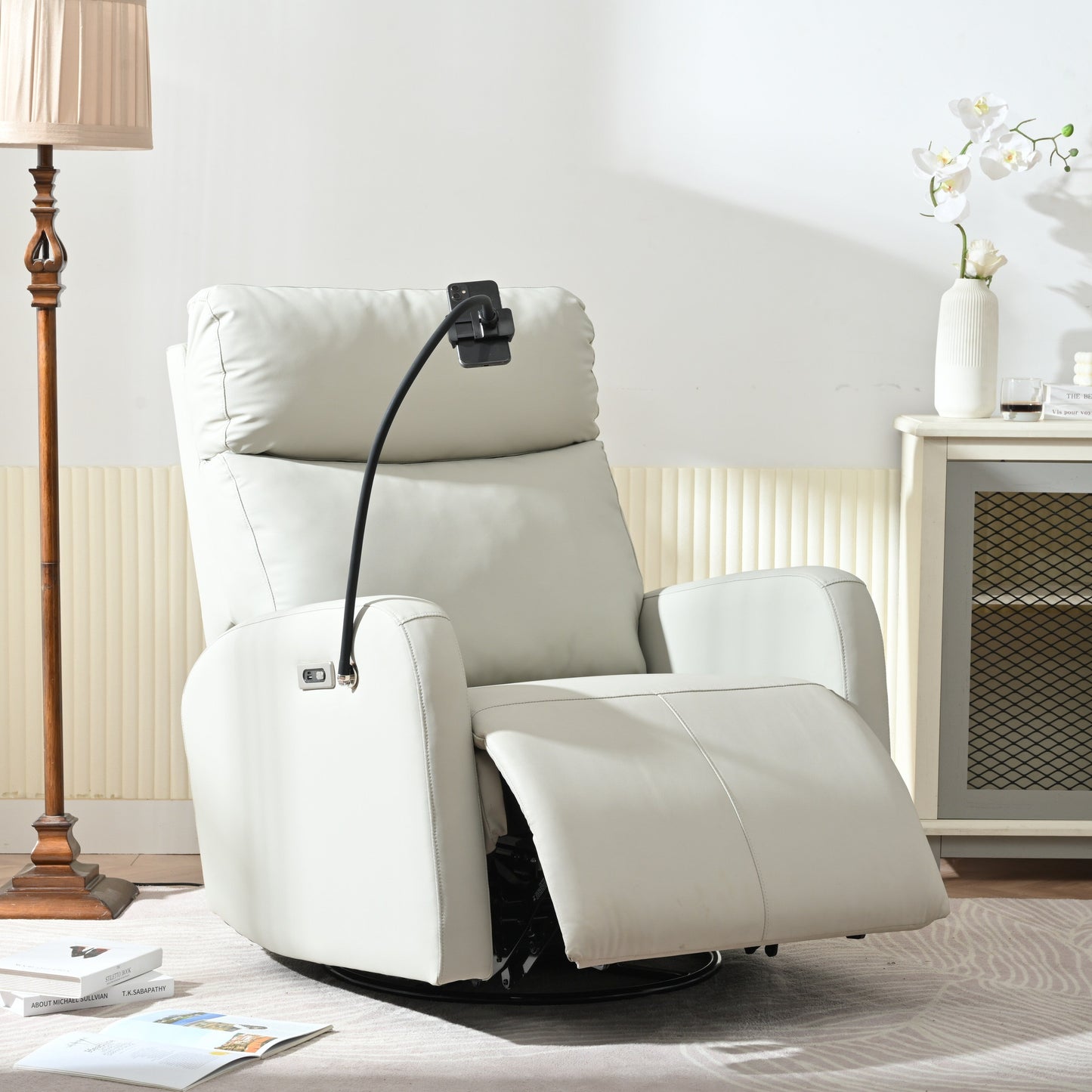 Grey Swivel Rocking Recliner with USB, Power Recline, and Overstuffed Comfort