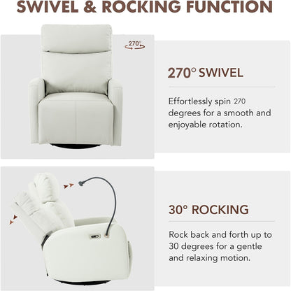 Grey Swivel Rocking Recliner with USB, Power Recline, and Overstuffed Comfort