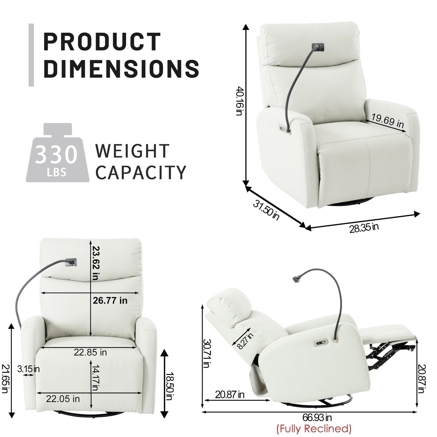 Grey Swivel Rocking Recliner with USB, Power Recline, and Overstuffed Comfort