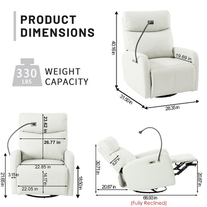 Grey Swivel Rocking Recliner with USB, Power Recline, and Overstuffed Comfort