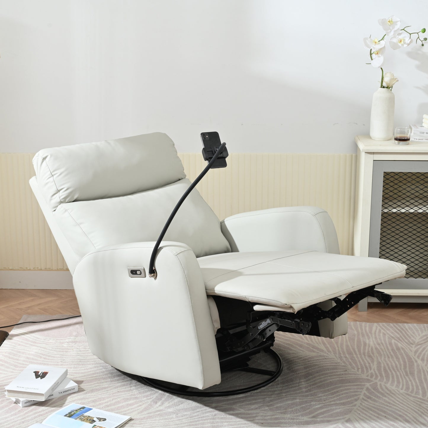 Grey Swivel Rocking Recliner with USB, Power Recline, and Overstuffed Comfort
