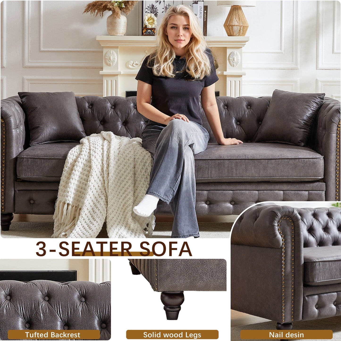 Grey Tech Fabric 3-seater Chesterfield Sofa
