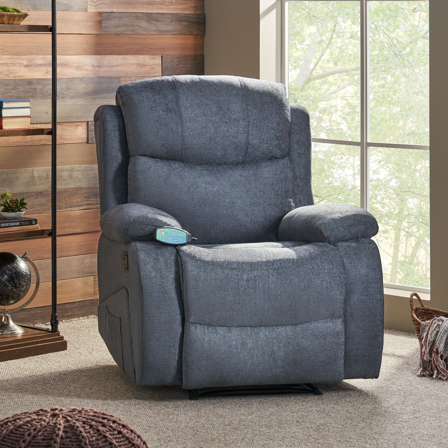 Grey Tufted Massage Recliner with Heating, Remote Control, and Manual Recline - 5 Massage Modes, Side Pocket
