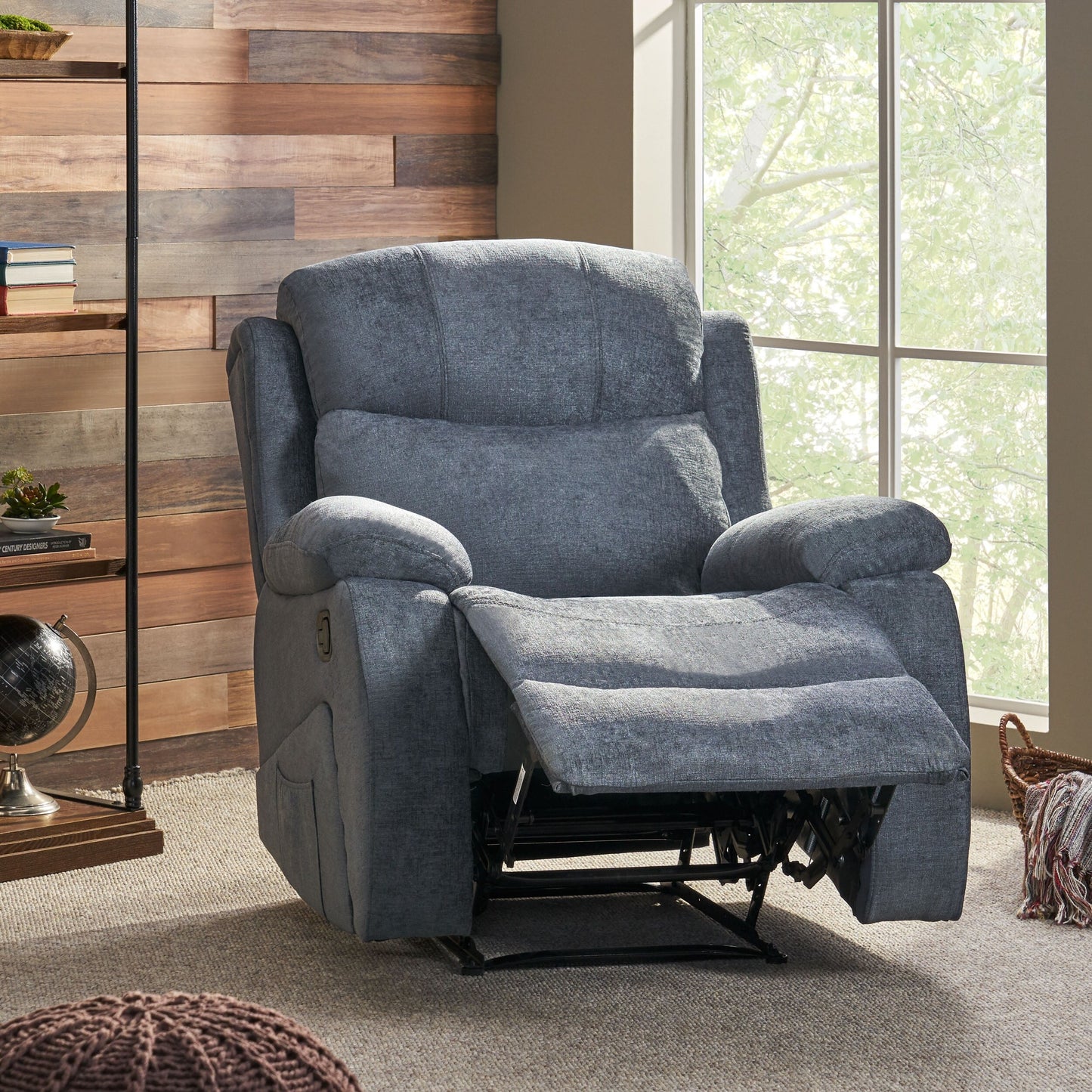 Grey Tufted Massage Recliner with Heating, Remote Control, and Manual Recline - 5 Massage Modes, Side Storage