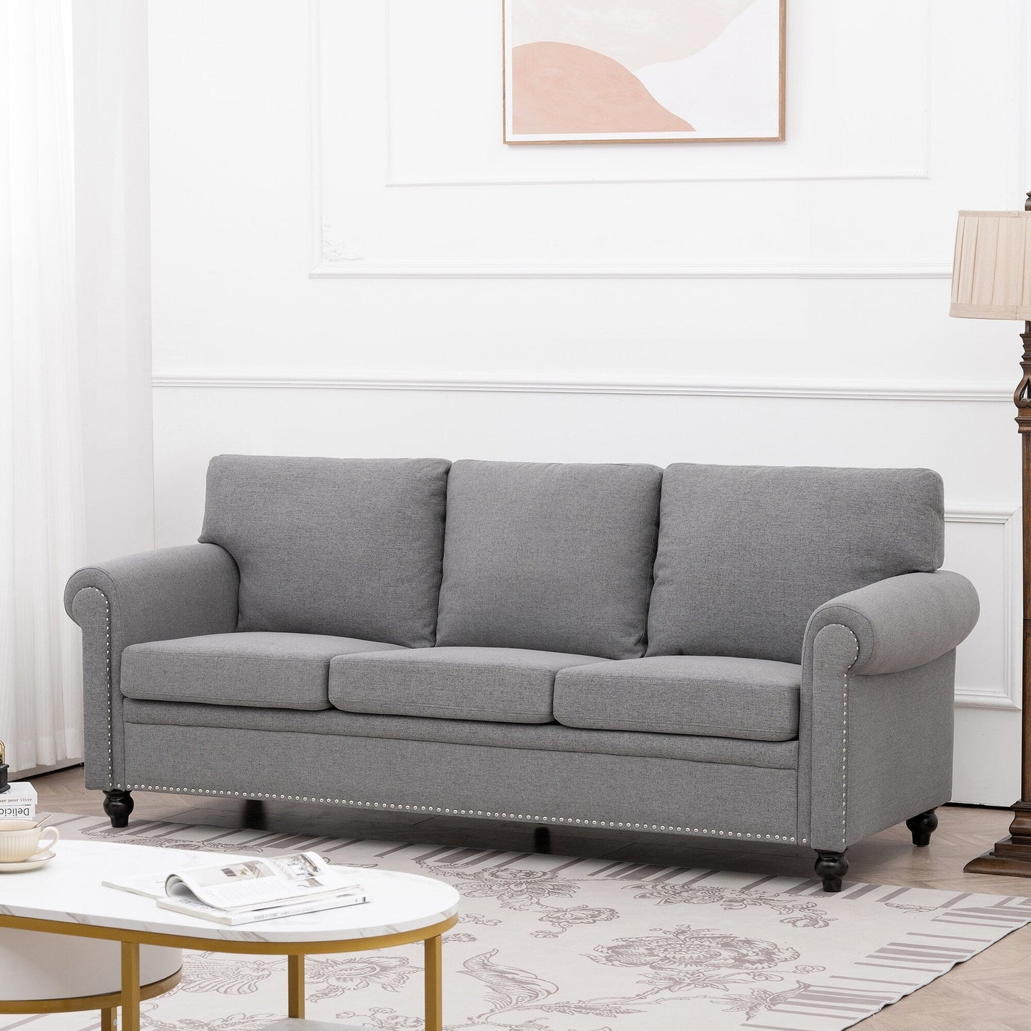 Grey Upholstered 3-seater Sofa with Nailheads
