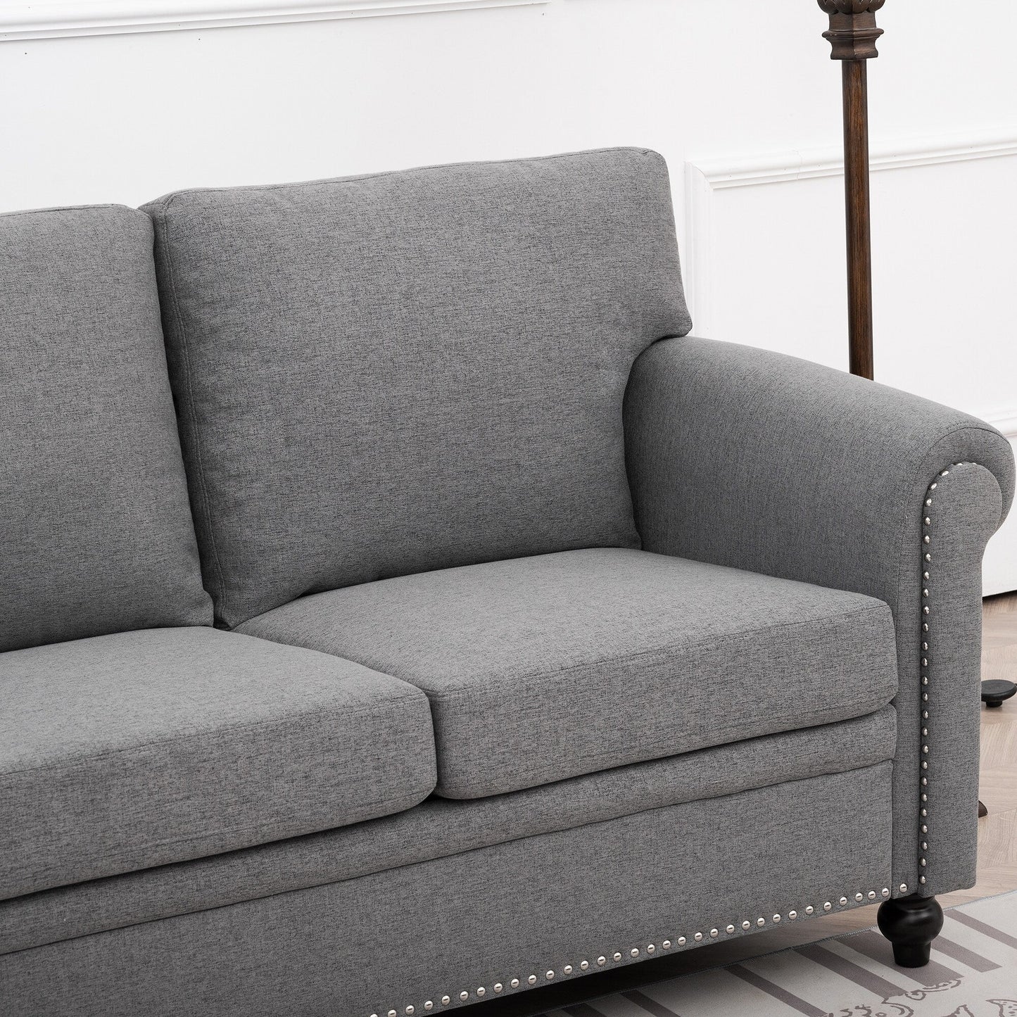 Grey Upholstered 3-seater Sofa with Nailheads