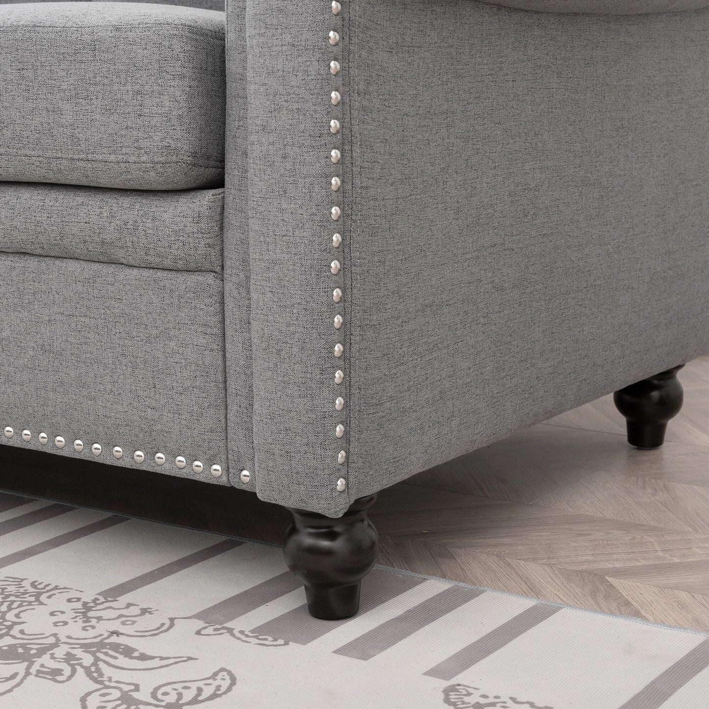 Grey Upholstered 3-seater Sofa with Nailheads