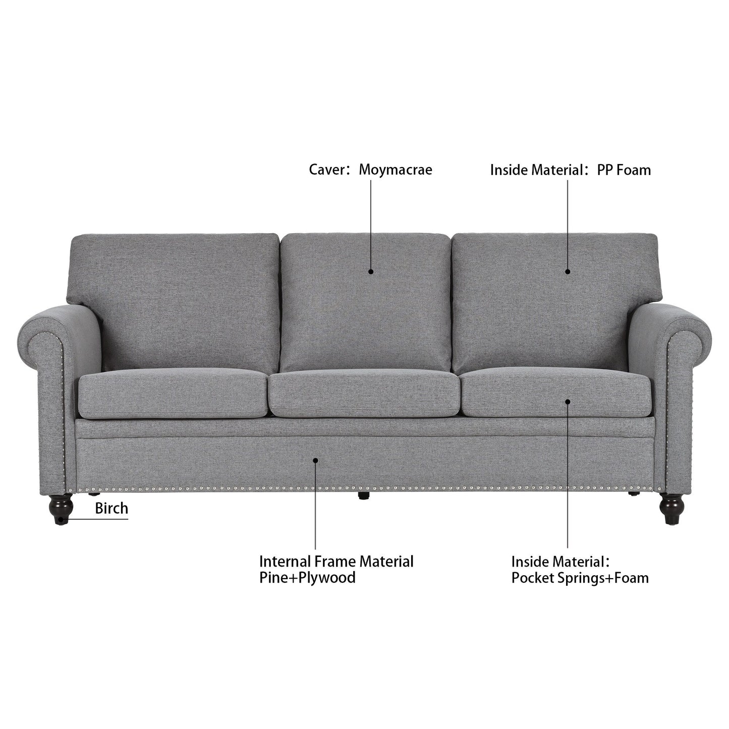 Grey Upholstered 3-seater Sofa with Nailheads