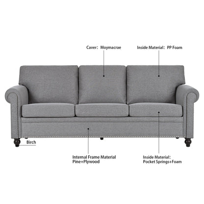 Grey Upholstered 3-seater Sofa with Nailheads