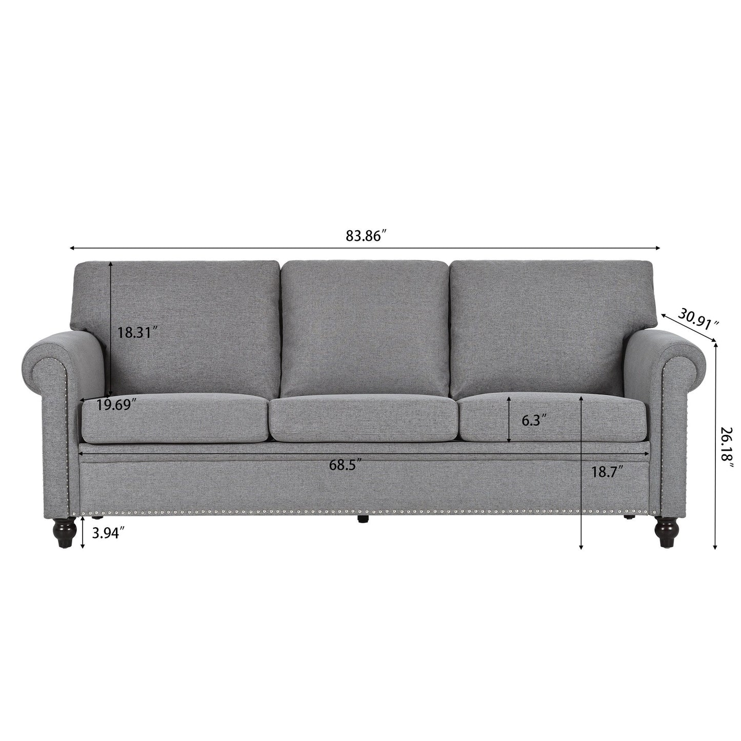 Grey Upholstered 3-seater Sofa with Nailheads