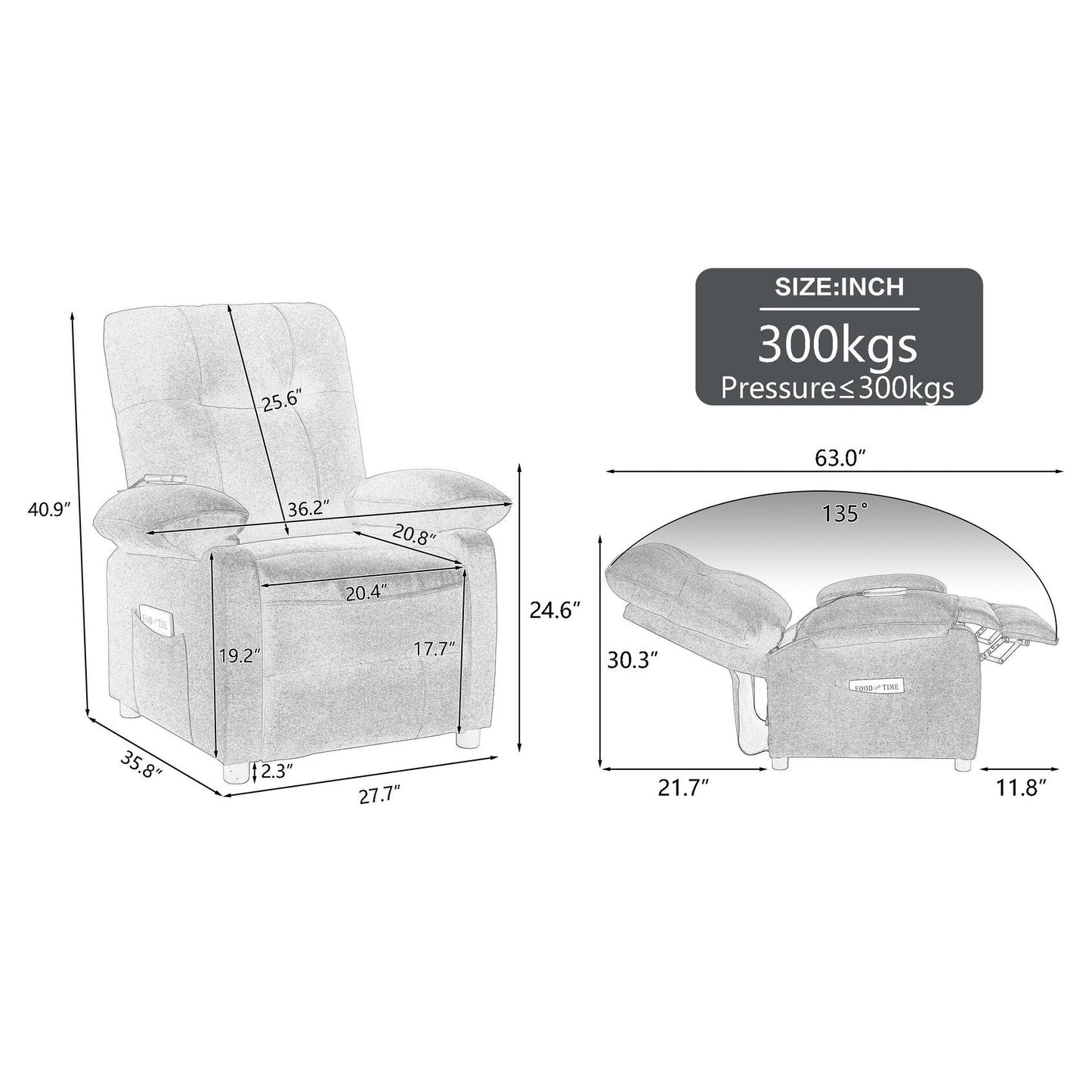 Grey Upholstered Manual Recliner with Massage, Lumbar Heating, Pillow Top Arms, Side Pockets