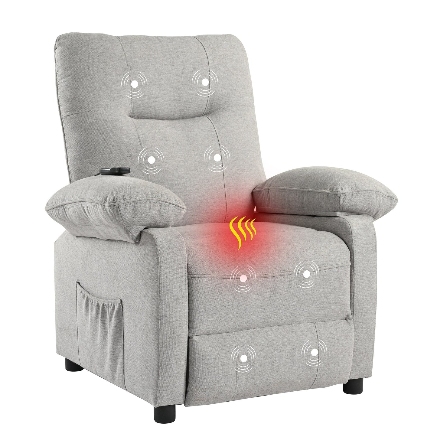 Grey Upholstered Manual Recliner with Massage, Lumbar Heating, Pillow Top Arms, Side Pockets