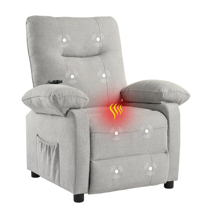 Grey Upholstered Manual Recliner with Massage, Lumbar Heating, Pillow Top Arms, Side Pockets