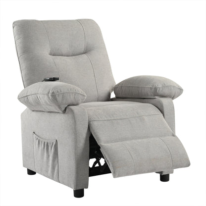 Grey Upholstered Manual Recliner with Massage, Lumbar Heating, Pillow Top Arms, Side Pockets