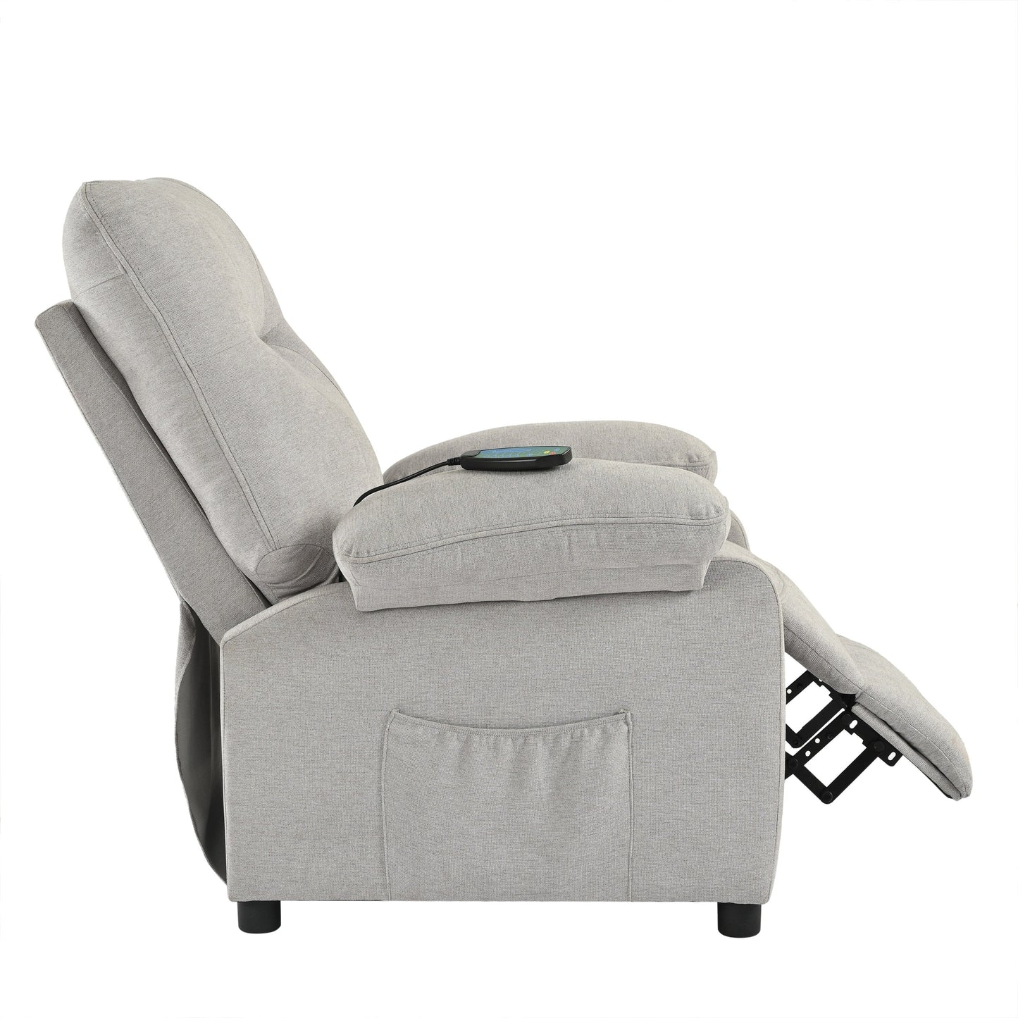 Grey Upholstered Manual Recliner with Massage, Lumbar Heating, Pillow Top Arms, Side Pockets