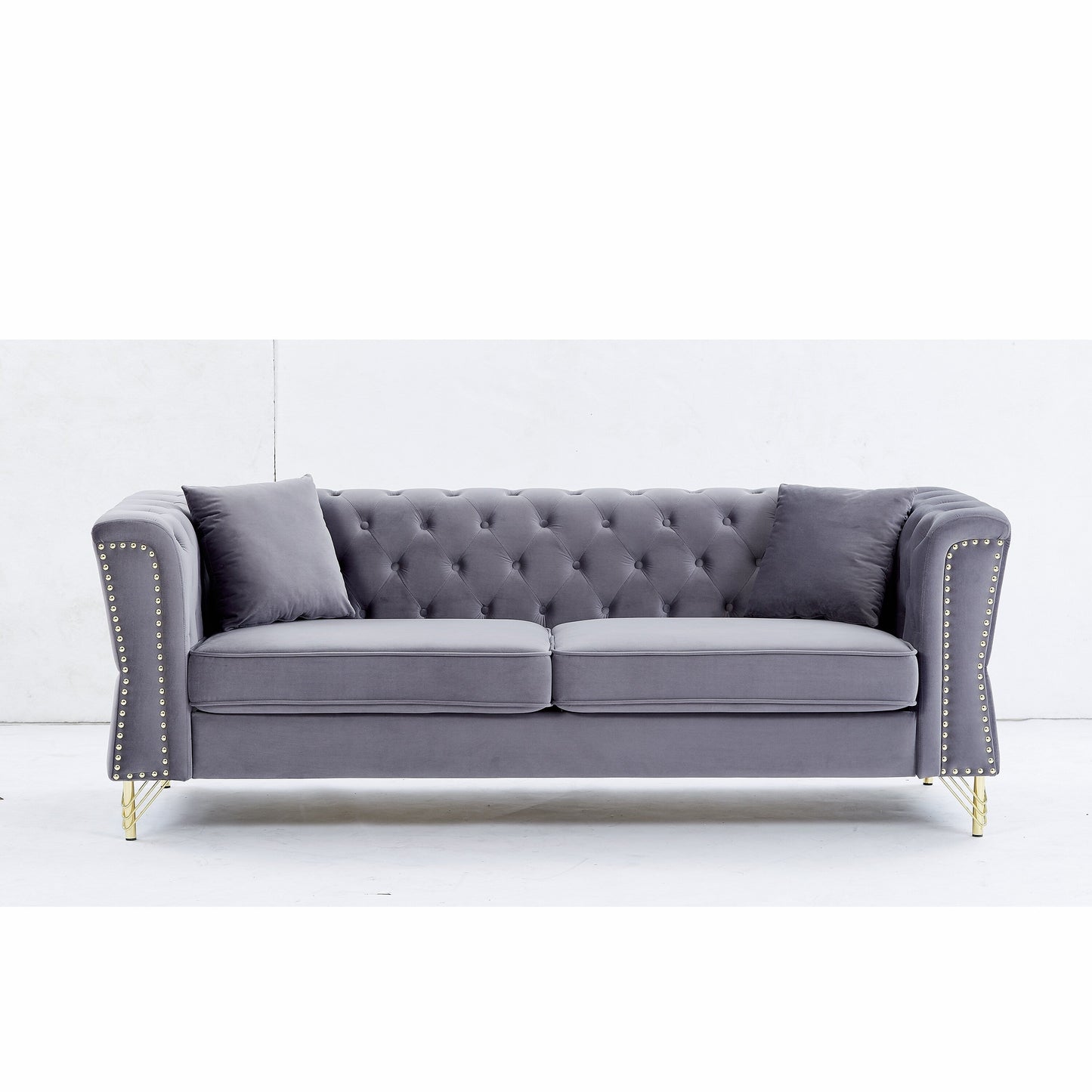 Grey Velvet 3-seater Sofa with Tufted Couch