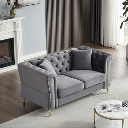 Grey Velvet 3-seater Sofa with Tufted Couch