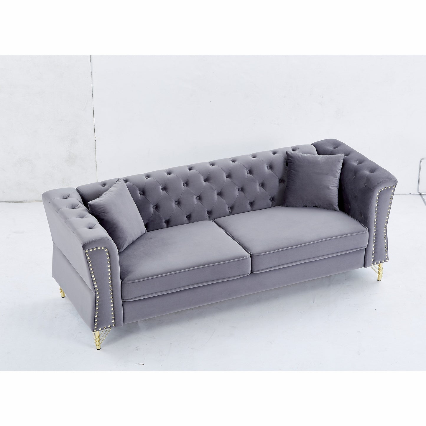Grey Velvet 3-seater Sofa with Tufted Couch
