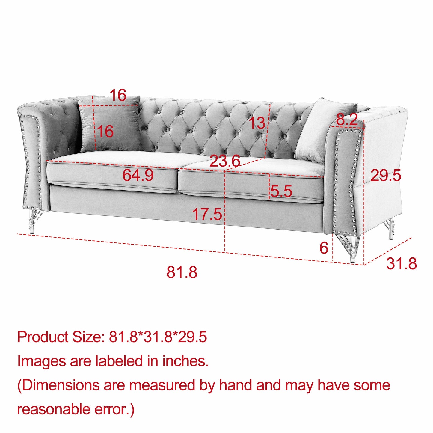 Grey Velvet 3-seater Sofa with Tufted Couch