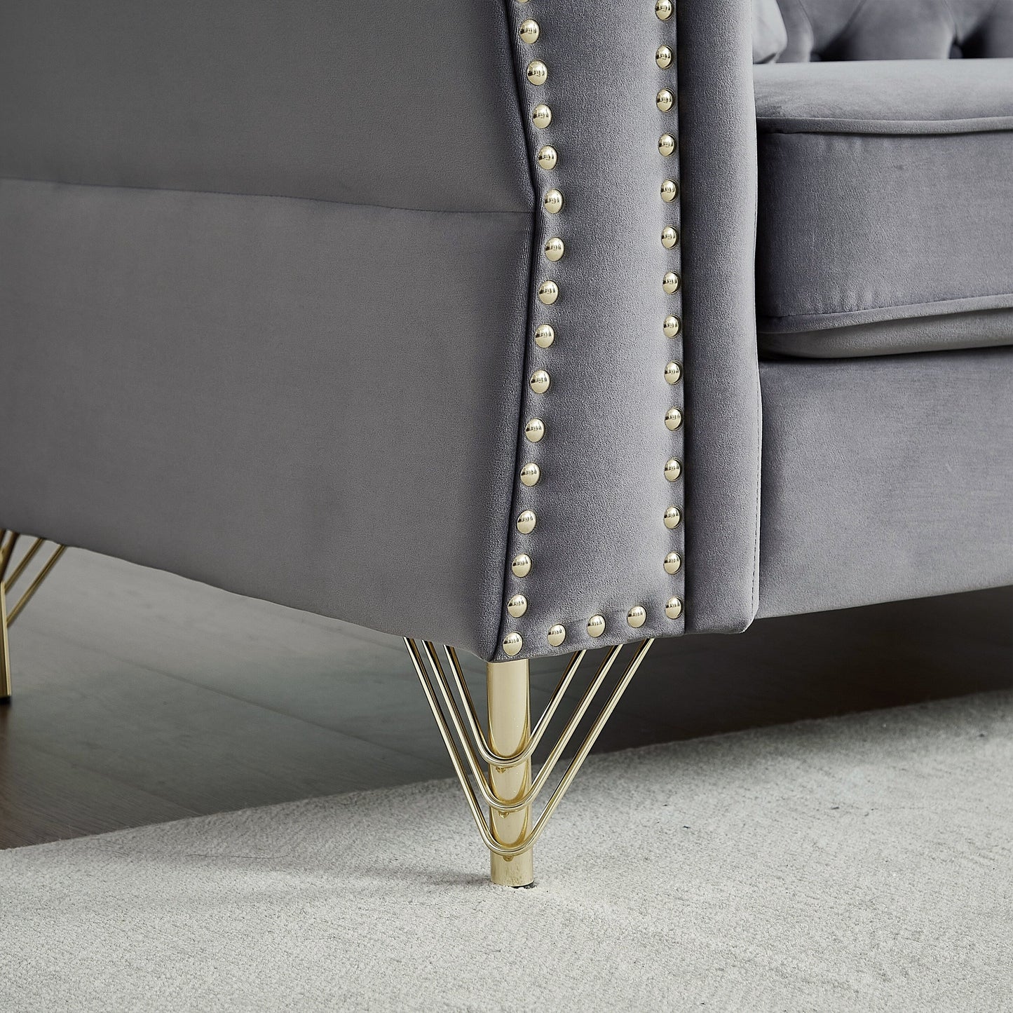 Grey Velvet 3-seater Sofa with Tufted Couch