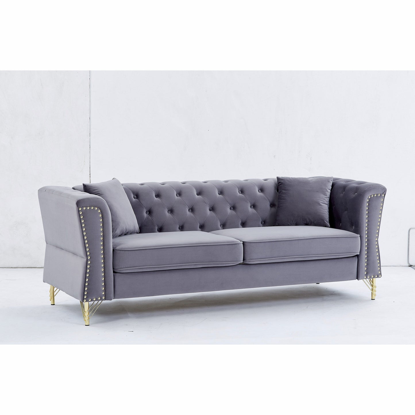 Grey Velvet 3-seater Sofa with Tufted Couch