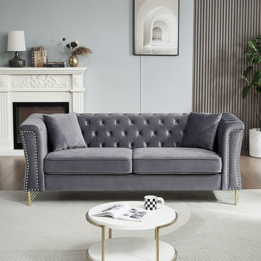 Grey Velvet 3-seater Sofa with Tufted Couch