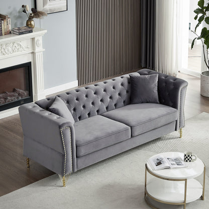 Grey Velvet 3-seater Sofa with Tufted Couch