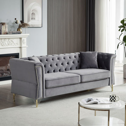 Grey Velvet 3-seater Sofa with Tufted Couch