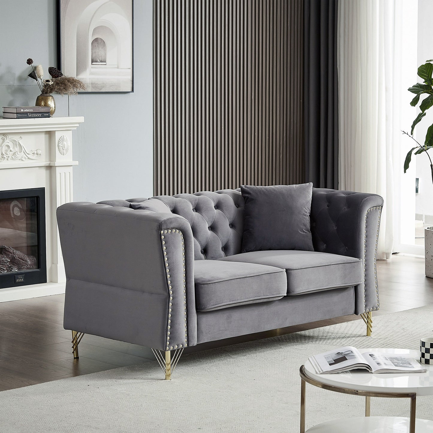 Grey Velvet 3-seater Sofa with Tufted Couch