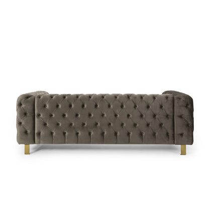 Grey Velvet Button Tufted 3-seater Sofa with Iron Legs