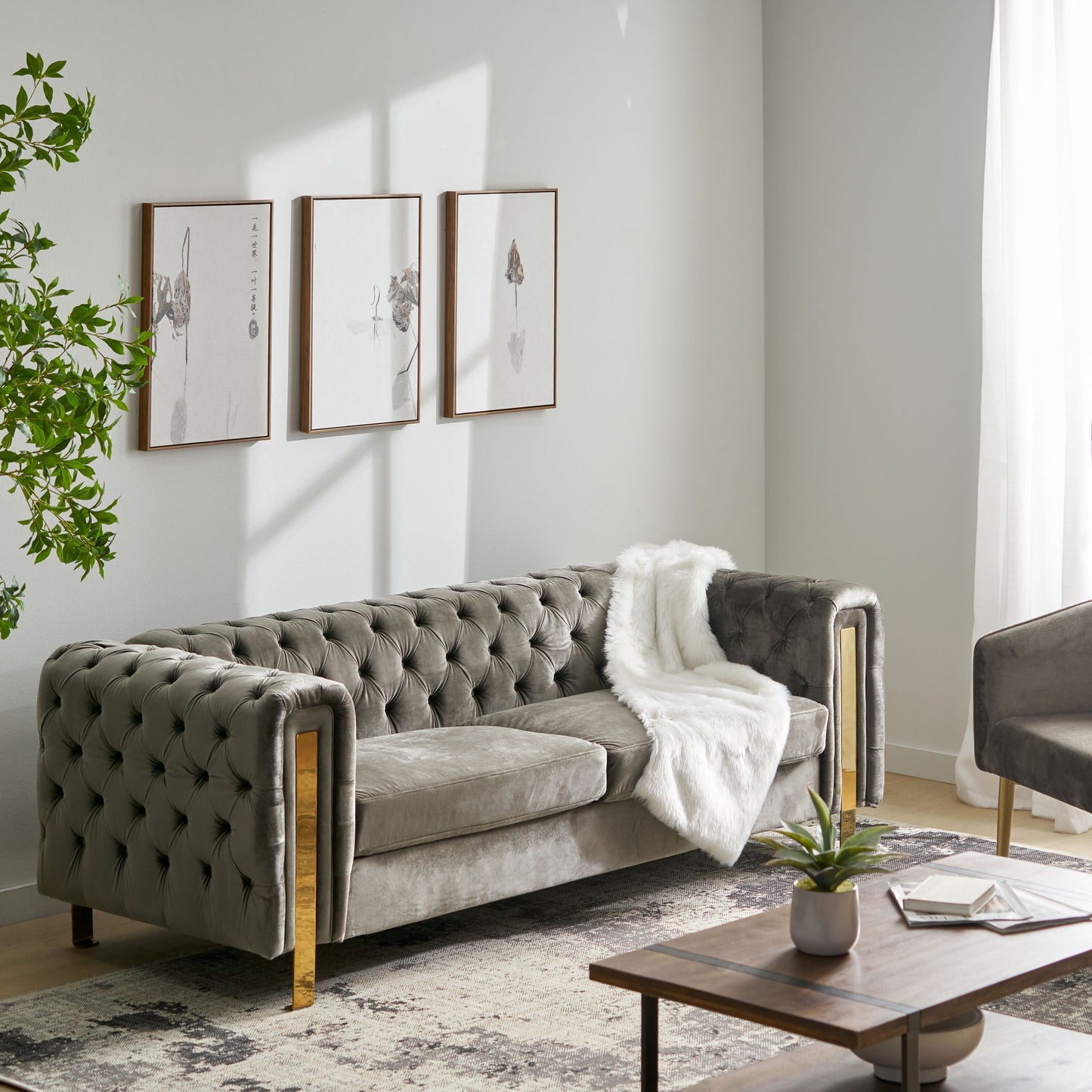 Grey Velvet Button Tufted 3-seater Sofa with Iron Legs