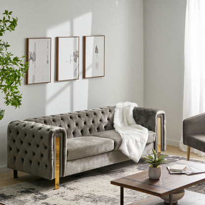 Grey Velvet Button Tufted 3-seater Sofa with Iron Legs
